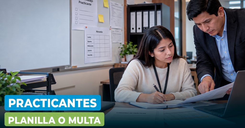 Practicantes en planilla: joven peruano realizando labores de oficina mientras recursos humanos revisa el convenio de prácticas y los horarios.