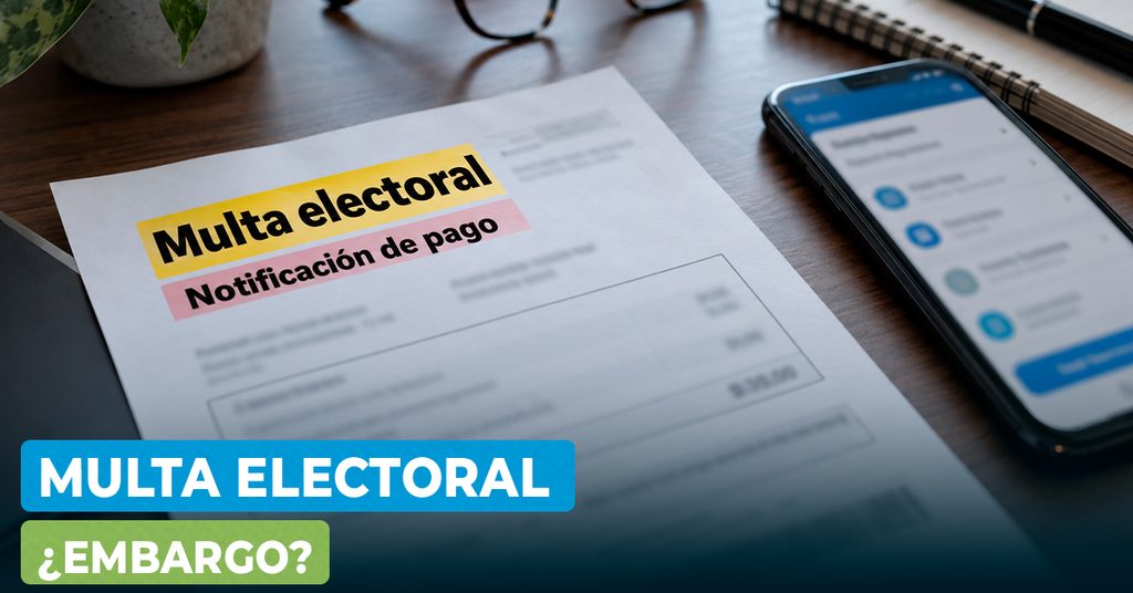 Multa electoral impaga en Perú: notificación de pago junto a un celular que representa el posible embargo de cuentas bancarias por el JNE.